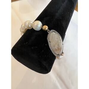 Vintage Genuine Smoky Topaz Quartz & Genuine Pearl Stretch Bracelet